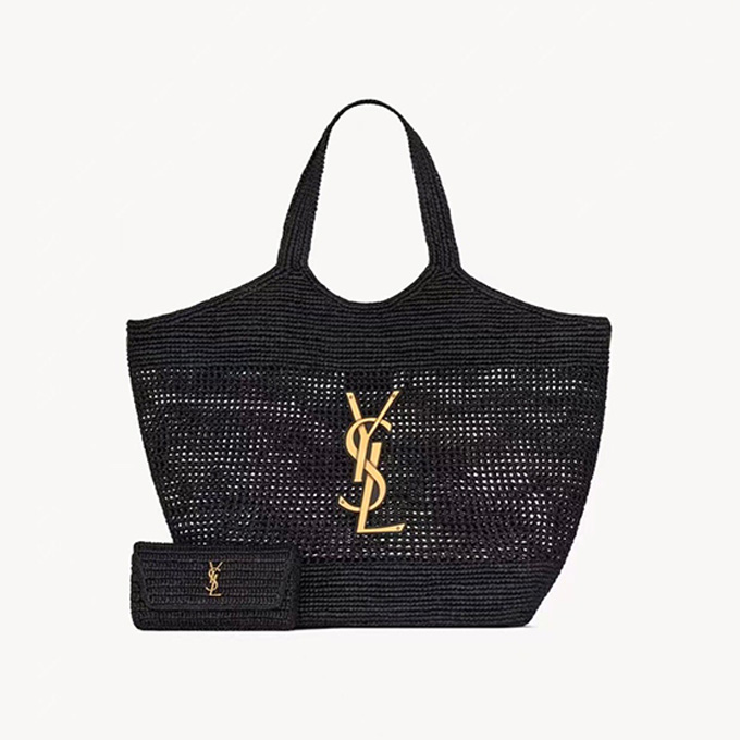 ysl icare large woven raffia tote shopping bag